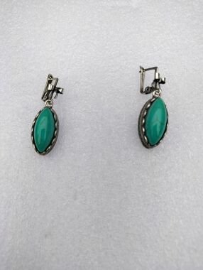 Signed AoJie Turquoise Oval Drop Earrings - Women Jewelry